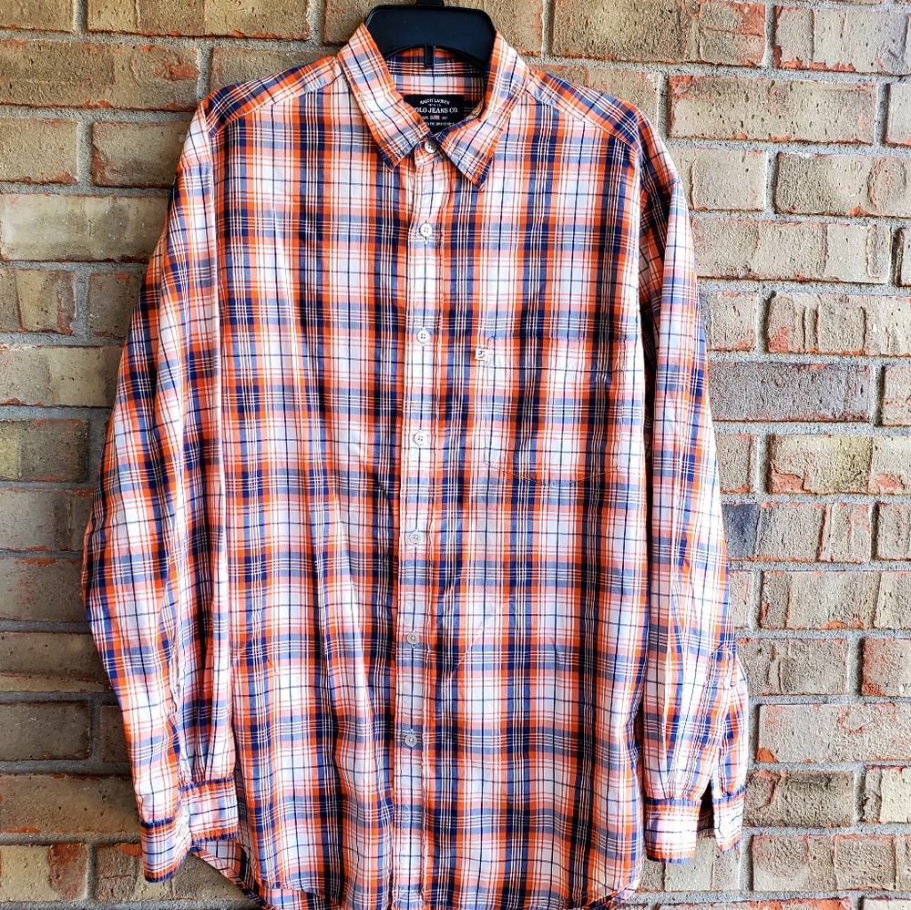 1990s Polo Ralph Lauren Orange Navy Plaid Men's Large